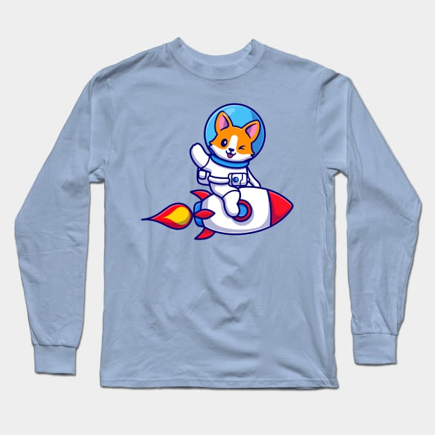 Cute Corgi Dog Astronaut Riding Rocket And Waving Hand Cartoon Long Sleeve T-Shirt by Catalyst Labs